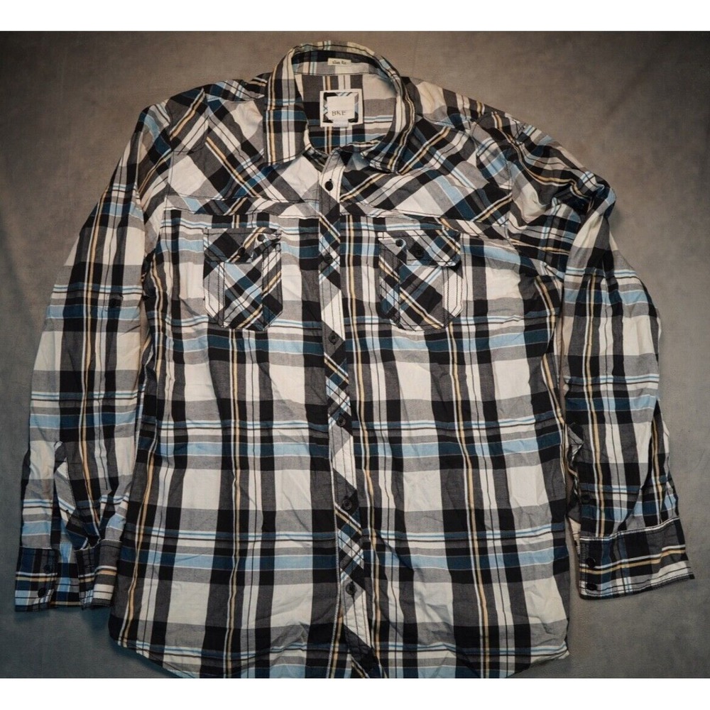 Buckle BKE Mens Slim Fit Black Blue Plaid Long Sleeve Button Up Shirt XXL